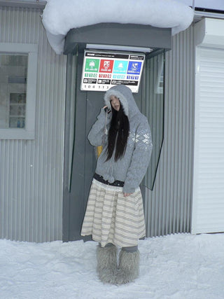 Warm Thermal Relaxed Knit Zipper Detail Hooded Loose Fit Women Hoodies