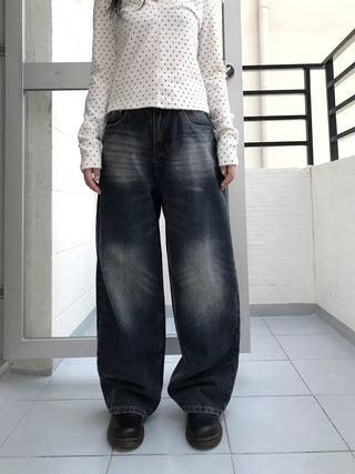 Washed Vintage Wide Leg Natural Waist Zipper Fly Women Relaxed Fit Jeans