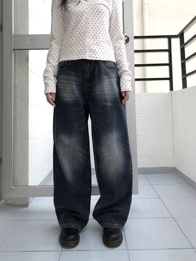 Washed Vintage Wide Leg Natural Waist Zipper Fly Women Relaxed Fit Jeans