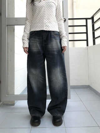 Washed Vintage Wide Leg Natural Waist Zipper Fly Women Relaxed Fit Jeans