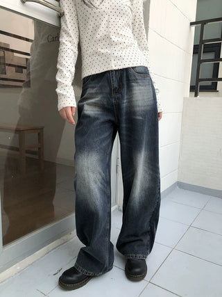 Washed Vintage Wide Leg Natural Waist Zipper Fly Women Relaxed Fit Jeans
