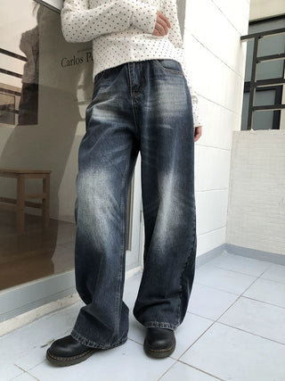 Washed Vintage Wide Leg Natural Waist Zipper Fly Women Relaxed Fit Jeans