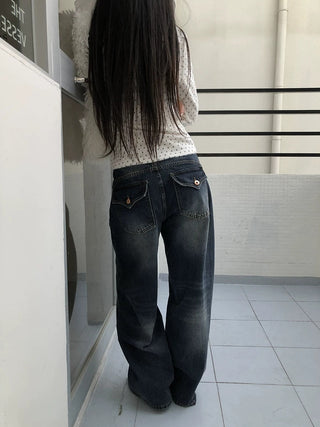 Washed Vintage Wide Leg Natural Waist Zipper Fly Women Relaxed Fit Jeans