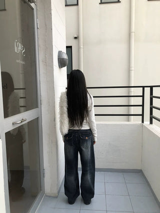 Washed Vintage Wide Leg Natural Waist Zipper Fly Women Relaxed Fit Jeans