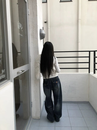 Washed Vintage Wide Leg Natural Waist Zipper Fly Women Relaxed Fit Jeans