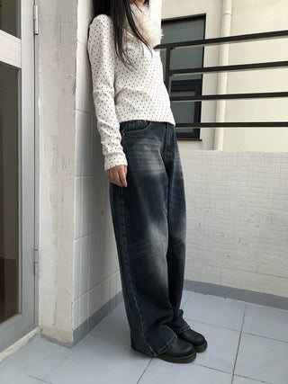 Washed Vintage Wide Leg Natural Waist Zipper Fly Women Relaxed Fit Jeans
