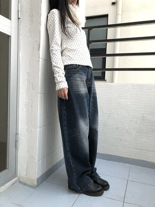 Washed Vintage Wide Leg Natural Waist Zipper Fly Women Relaxed Fit Jeans