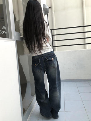 Washed Vintage Wide Leg Natural Waist Zipper Fly Women Relaxed Fit Jeans
