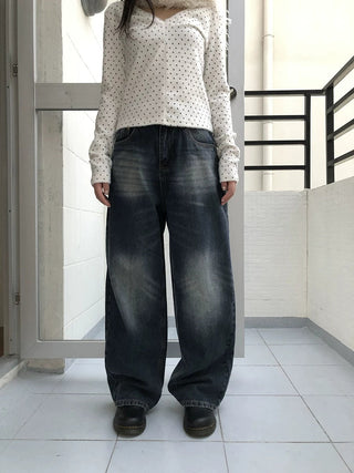 Washed Vintage Wide Leg Natural Waist Zipper Fly Women Relaxed Fit Jeans