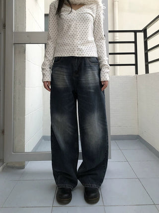 Washed Vintage Wide Leg Natural Waist Zipper Fly Women Relaxed Fit Jeans
