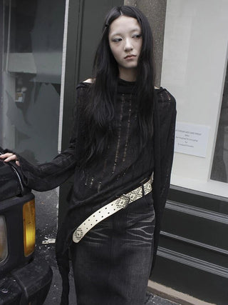 Wasteland Style Asymmetrical Collar Knit Top with Scarf