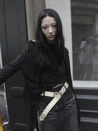 Wasteland Style Asymmetrical Collar Knit Top with Scarf