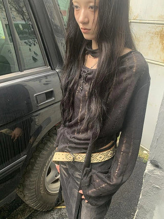 Wasteland Style Asymmetrical Collar Knit Top with Scarf