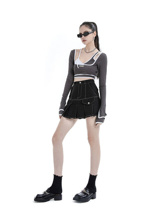 [AnyQ] Contrast hemm fake two-piece crop top