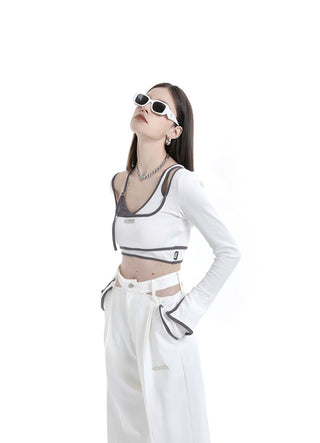 [AnyQ] Contrast hemm fake two-piece crop top