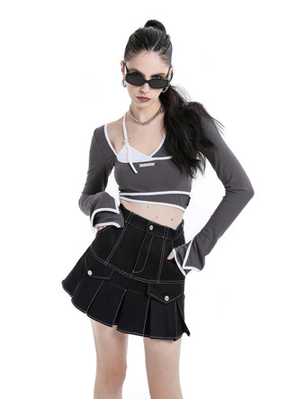 [AnyQ] Contrast hemm fake two-piece crop top