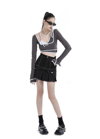 [AnyQ] Contrast hemm fake two-piece crop top