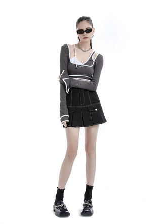 [AnyQ] Contrast hemm fake two-piece crop top