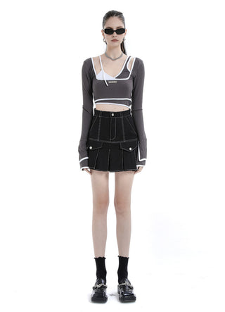 [AnyQ] Contrast hemm fake two-piece crop top