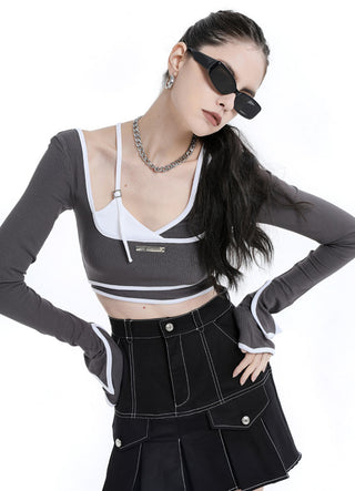 [AnyQ] Contrast hemm fake two-piece crop top