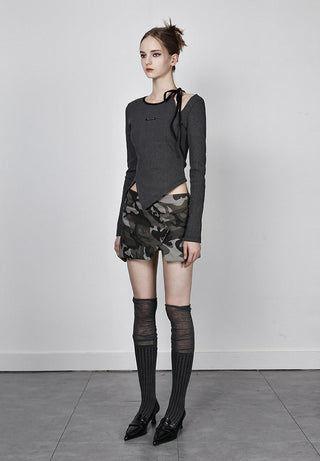 [AnyQ] Distressed contrast lace-up hollow knitted top