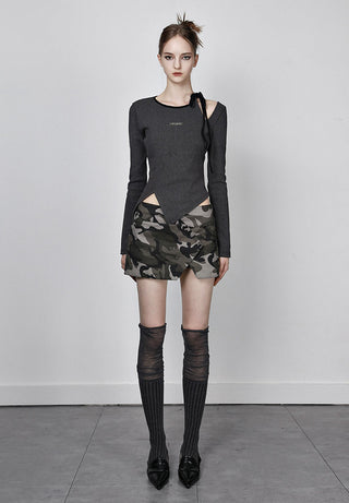 [AnyQ] Distressed contrast lace-up hollow knitted top