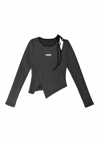 [AnyQ] Distressed contrast lace-up hollow knitted top