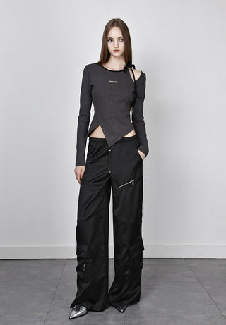 [AnyQ] Distressed contrast lace-up hollow knitted top