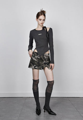 [AnyQ] Distressed contrast lace-up hollow knitted top