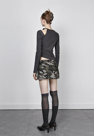 [AnyQ] Distressed contrast lace-up hollow knitted top