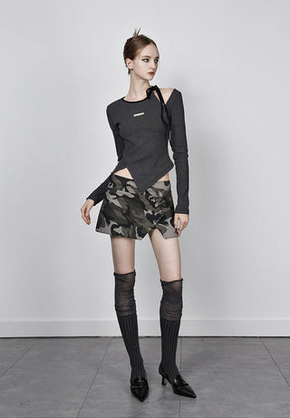 [AnyQ] Distressed contrast lace-up hollow knitted top