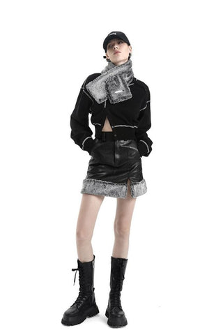 [AnyQ] Grey fur high waist slit skirt