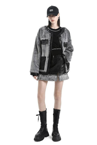 [AnyQ] Grey fur high waist slit skirt