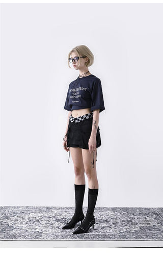 [AnyQ] Checkered fold-over waist lace-up skirt