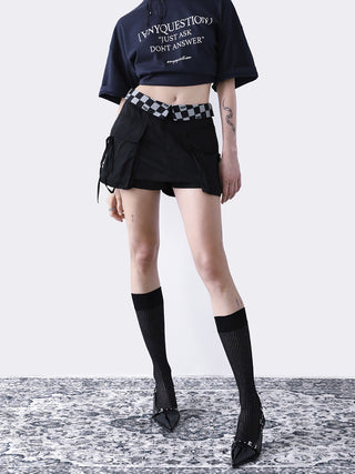 [AnyQ] Checkered fold-over waist lace-up skirt