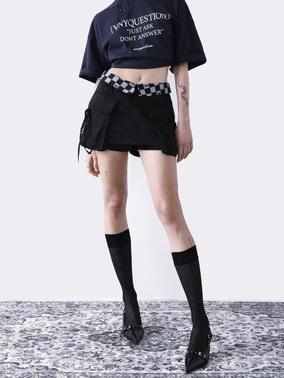 [AnyQ] Checkered fold-over waist lace-up skirt