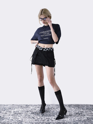 [AnyQ] Checkered fold-over waist lace-up skirt