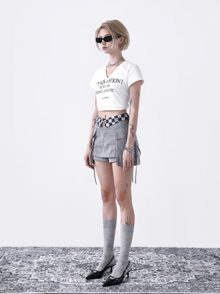 [AnyQ] Checkered fold-over waist lace-up skirt