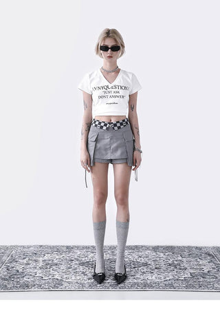 [AnyQ] Checkered fold-over waist lace-up skirt