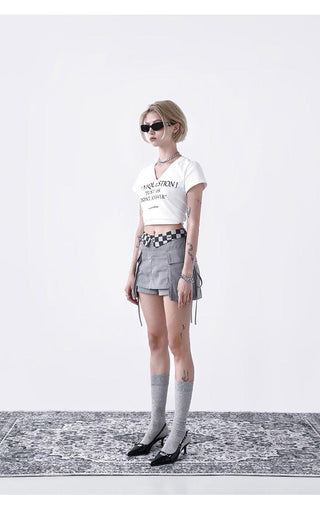 [AnyQ] Checkered fold-over waist lace-up skirt