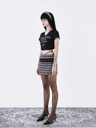 [AnyQ] Checkered workwear belt slit lace-up shorts skirt