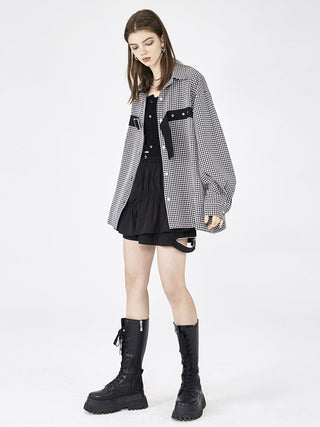 [AnyQ] Checkered stripes design loose shirt jacket