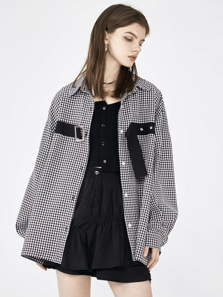 [AnyQ] Checkered stripes design loose shirt jacket