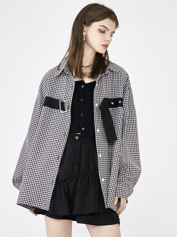[AnyQ] Checkered stripes design loose shirt jacket