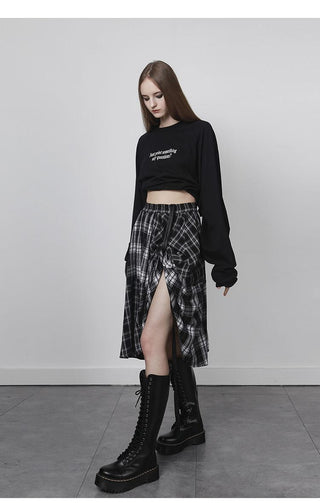 [AnyQ] Checkered adjustable belt midi skirt