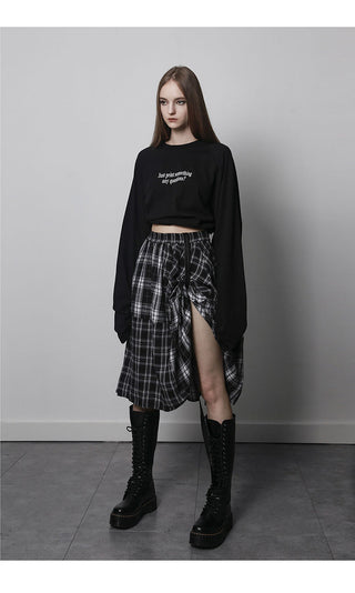 [AnyQ] Checkered adjustable belt midi skirt