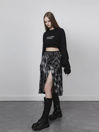 [AnyQ] Checkered adjustable belt midi skirt