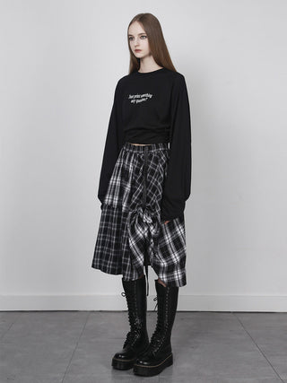 [AnyQ] Checkered adjustable belt midi skirt