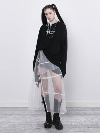 [AnyQ] Contrast stitching slit mesh long skirt