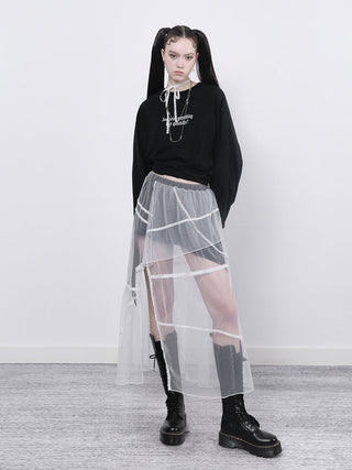 [AnyQ] Contrast stitching slit mesh long skirt